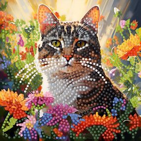 Алмазная мозаика "Кот среди цветов" ZAV1818-12, 18х18 см