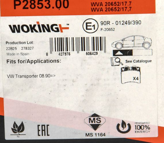 Колодки передні гальмівні Volkswagen T4 (70XB, 70XC, 7DB, 7DW) (1990 — 2003), WOKING (P285300) | Зображення 1