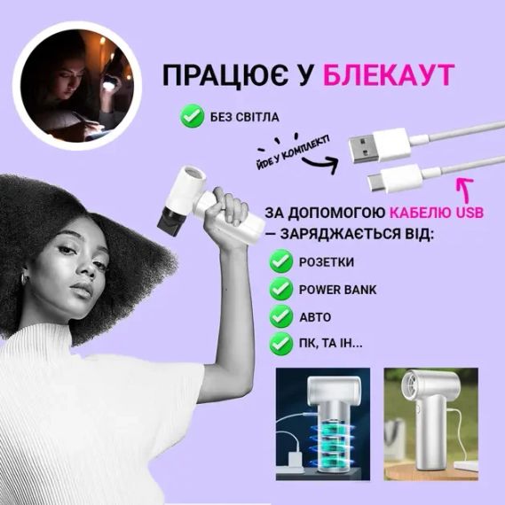 Смарт-фен на аккумуляторе от USB, 4500мАч, 55Вт, Белый/Беспроводной турбовентилятор/Фен аккумуляторный | Зображення 4
