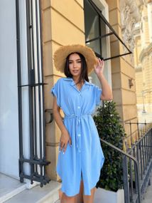 Жіноча літня сукня-сорочка з короткими рукавами на ґудзиках турецький льон-жатка adl773 колір блакитний, розмір 42/44