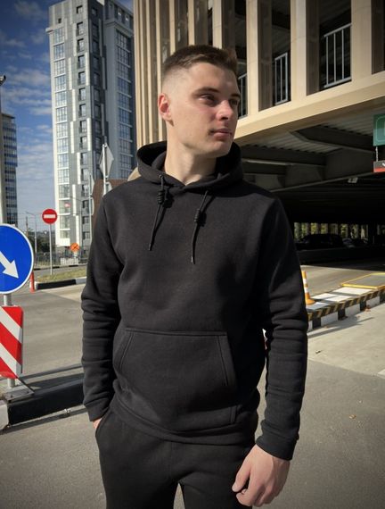 Зимний базовый однотонный худи с начесом черный RD001