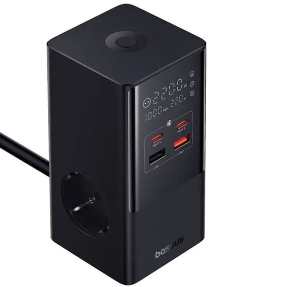 МЗП Baseus PowerCombo Tower PowerStrip 100W (2USB-A/2C/2Socket) (1.5m) (E00023609113-00) Cluster Black | Зображення 1