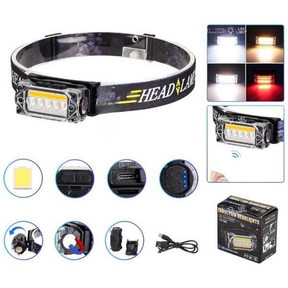 Фонарь налобный с датчиком движения аккумуляторный с магнитом YY-19С-5SMD+COB(white+yellow+red) Черный