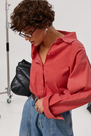 Вельветова однотонна сорочка оверсайз - рожевий цвет, ONE SIZE (є розміри)