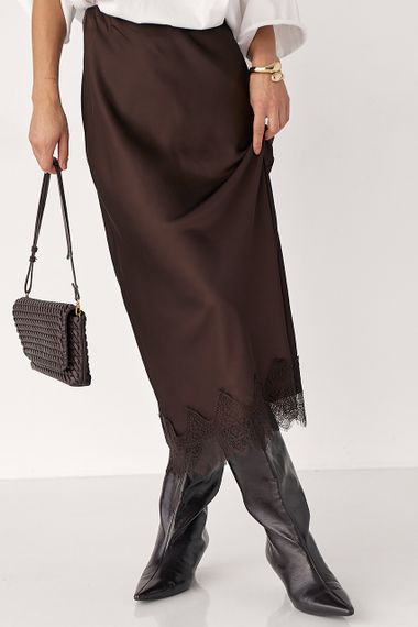 Атласна спідниця міді з мереживом - коричневий цвет, M (є розміри)