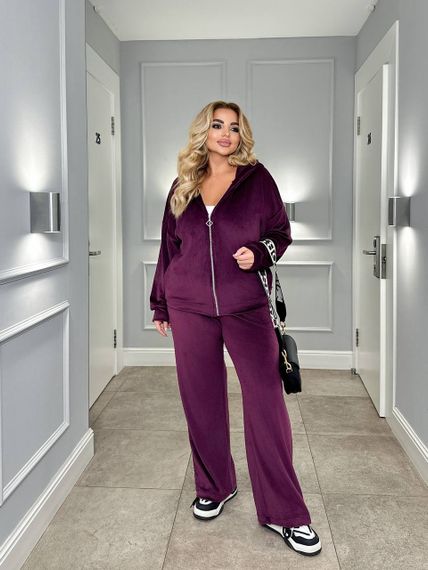 Женский велюровый спортивный костюм больших размеров штаны палаццо МТ317 цвет сливовый, размер 58/60 | Зображення 2