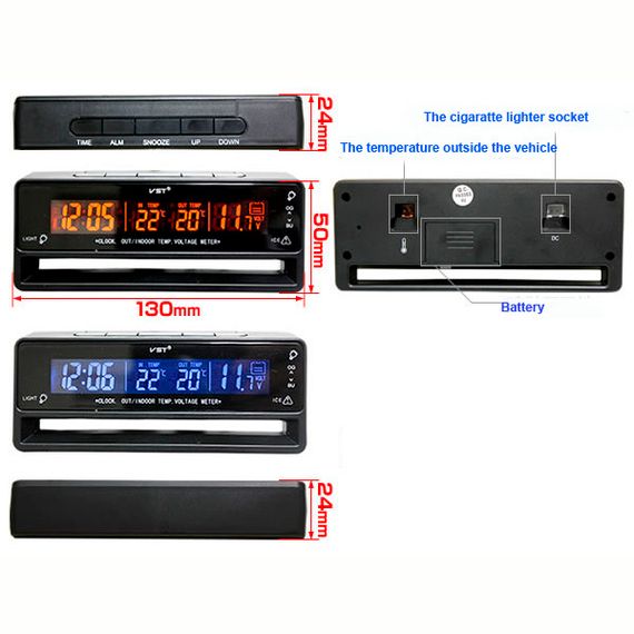 Часы VST-7010v с 2-мя датчиками температуры и вольтметром, меняется цвет экрана | Зображення 1