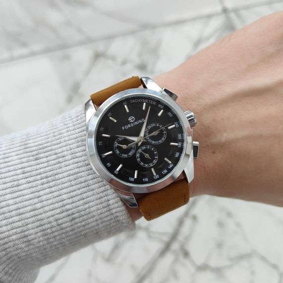 Чоловічий механічний годинник Forsining 6917 Black/Brown Strap
