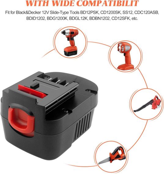 Акумулятор ADVNOVO 12V 3.5Ah Ni-MH для інструментів Black & Decker A12, HPB12, FS120B, 3500 мАг 12В змінний | Зображення 5
