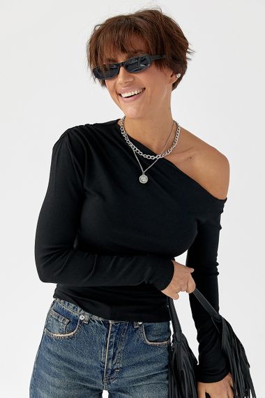 Обтягуючий лонгслів з відкритим плечем - чорний цвет, L (є розміри) | Зображення 4