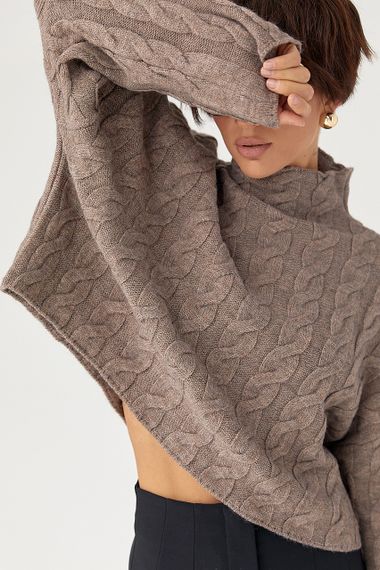 Вільний в'язаний светр з косичками - кавовий цвет, ONE SIZE (є розміри) | Зображення 4