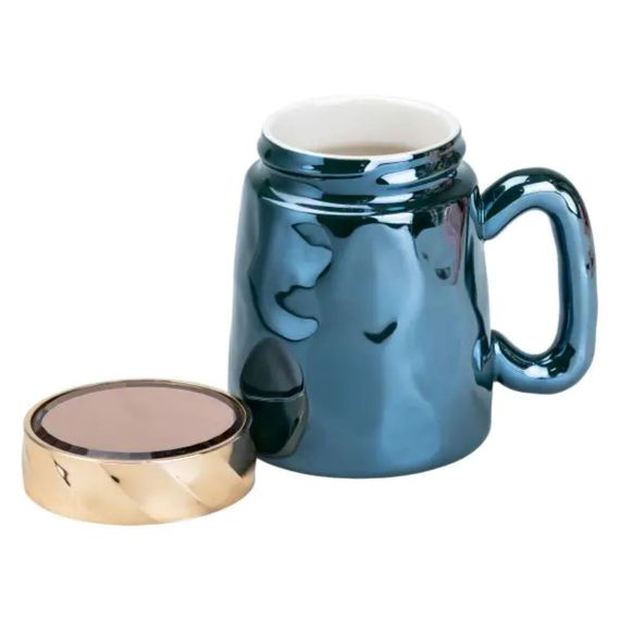 Чашка с крышкой 450 мл фарфоровая в зеркальной глазури Зеленая HP7195GR | Зображення 1