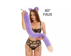 Анальний хутряний хвіст без пробки, Фіолетовий з персиковим кінчиком, OKOVA 100 см. Sex Aura