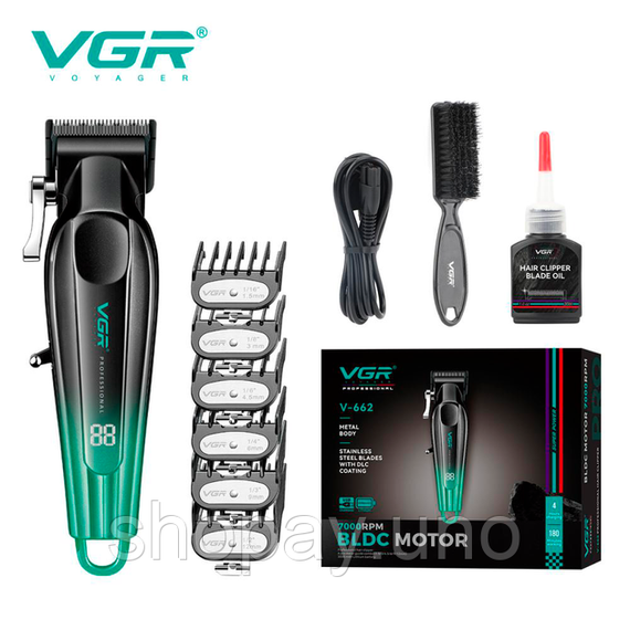 Акумуляторна машинка для стрижки VGR V-662 GREEN, 7000 RPM, 6 насадок, LED дисплей | Зображення 1