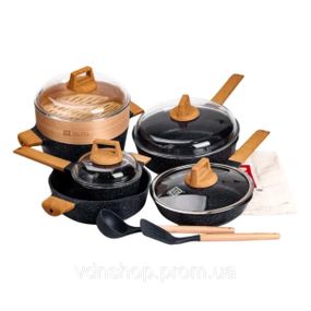 Набор посуды MGC 2 кастрюли, 2 сковороды, сотейник, пароварка, половник, лопатка, фартук HP-4-412BL