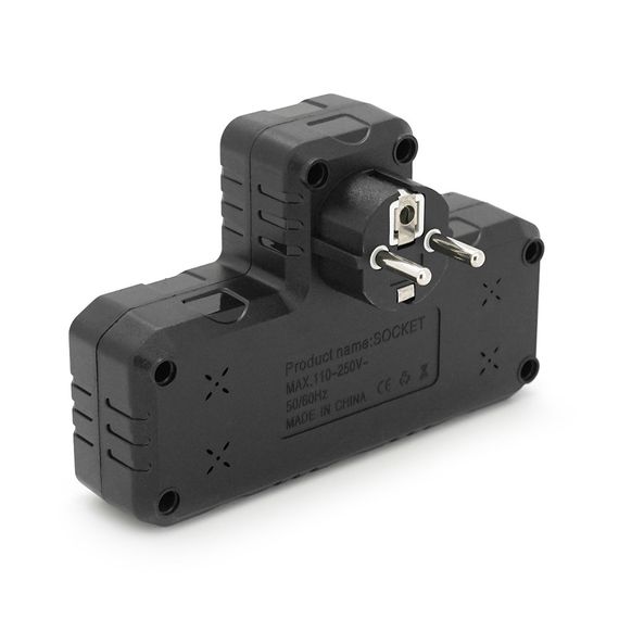 Розетка тройник Т-образный с заземлением F302-Black, 2 розетки + 3USB(1А), 2500W | Зображення 3