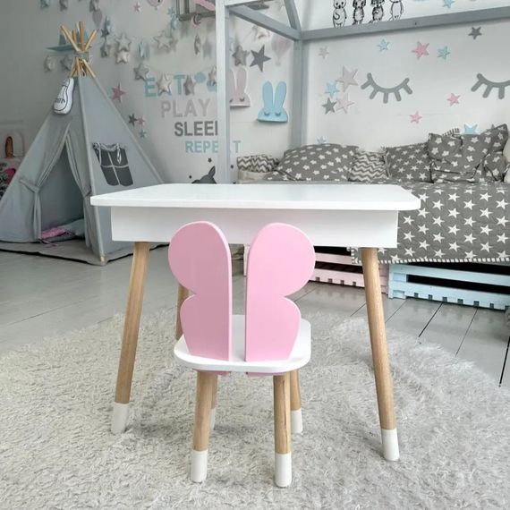 Дитячий столик білий і стільчик метелик рожевий. Столик із нішею для олівців і розмальовок