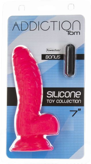 Ребристий фалоімітатор на присосці ADDICTION — Tom 7″ Dildo With Balls — Pink, віброкуля в подарунок | Зображення 5