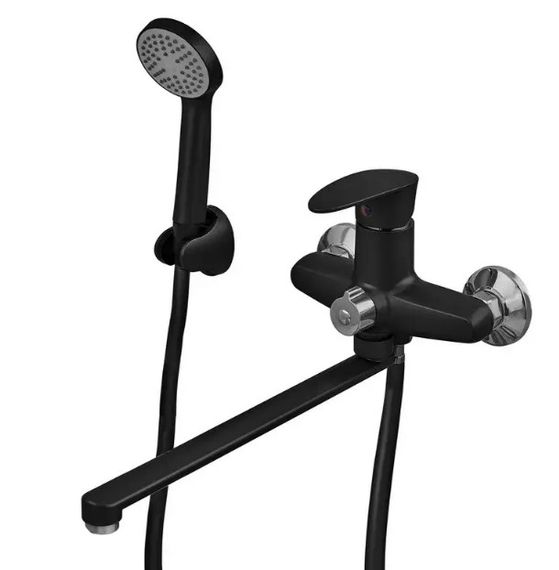 Змішувач для ванни Plamix CEZAR-006 EURO SET Matte black, зі шлангом, лійкою та кронштейном (PM0690) | Зображення 1