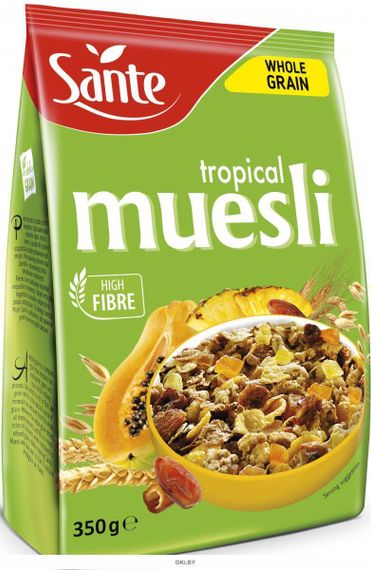 Мюсли  цельнозерновые Sante Muesli, 350г, с кусочками тропических фруктов, мюсли с орехами, кранчи