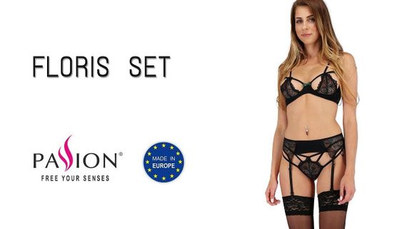 Комплект білизни Passion Exclusive FLORIS SET XXL/XXXL, black, ліф, трусики, пояс для панчох Sex Aura | Зображення 3