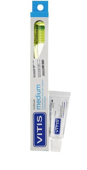 Зубна щітка VITIS MEDIUM жовта, середньої жорсткості + паста VITIS WHITENING, 15 мл (DENTAID)