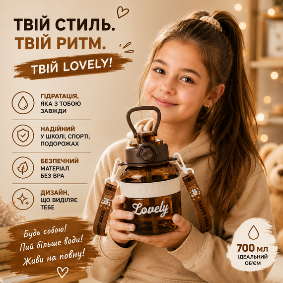 Бутылка для воды Lovely 700 мл с трубочкой и защитой от протечек, Коричневая (BPA Free) | Зображення 7