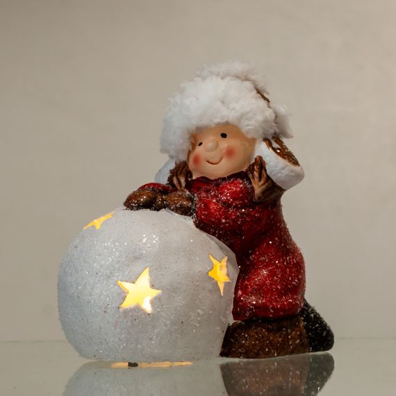 Новорічна фігурка з підсвіткою Дівчинка зі сніговою кулею з фарфори 12×7×12 (см) новорічний декор для дому на подарунок Червоний | Зображення 1