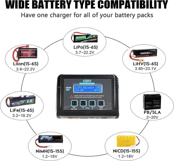LiPo зарядний пристрій С150 150W 10A AC/DC з балансуванням та підтримкою Li-ion/LiFe/NiMH/NiCd/LiHV/Pb акумуляторів BMS контролер | Зображення 1