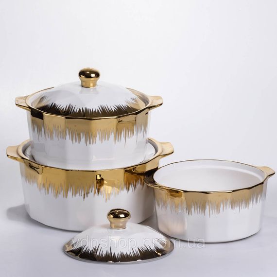 Набір супниць порцелянових 3 (шт) 1.5/2/3 (л)  каструлі бульйонниці з кришкою та ручками для дому та ресторану з позолотою | Зображення 1
