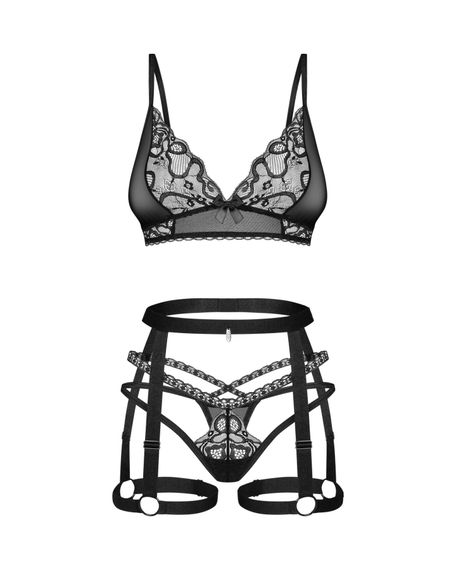 Комплект Obsessive Blomentis 3-pcs set, XS/S, м’який ліф, стрінги зі стрепами, пояс із гартерами | Зображення 2