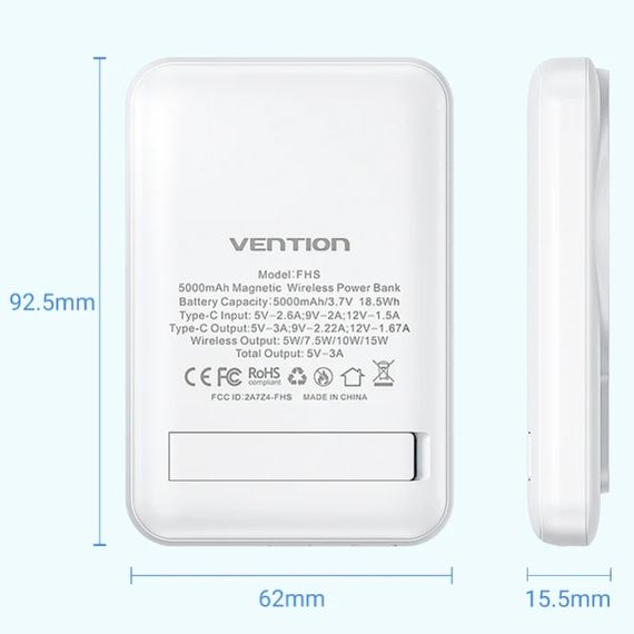 УМБ Vention Magnetic Wireless 5000mAh 20W 3A,PD 1xUSB-C,Light Indicator, White | Зображення 1