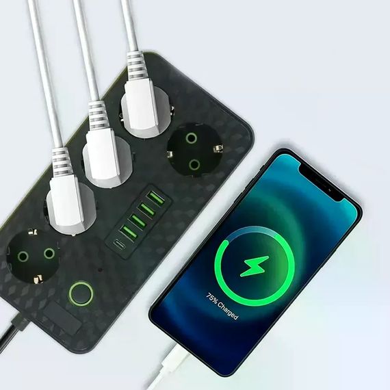 Сетевой фильтр HG-2505 на 5 розеток черный • Удлинитель 3 м с 4 USB, Type-C, выключателем и заземлением для дома и офиса | Зображення 1