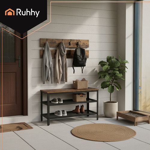 Шафа для взуття RUHHY 2-в-1 з вішалками — лавка із сидінням, 2 полиці, коричнева стільниця в стилі індустріального лофта | Зображення 3