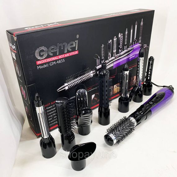 Фен гребінець для укладання волосся Gemei GM-4835 10 в 1, Мультистайлер з насадками MN-33