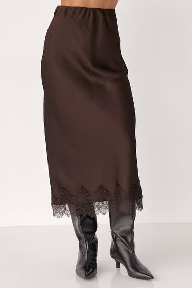 Атласна спідниця міді з мереживом - коричневий цвет, S (є розміри) | Зображення 3