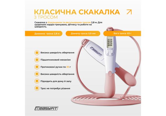Скакалка без шнура EasyFit TwinRope з лічильником 2,8 м білий-рожевий (EF-1909-WP) | Зображення 3