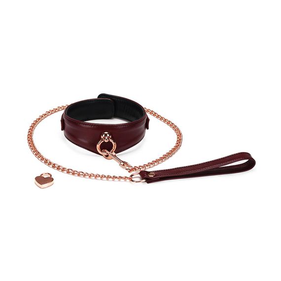 Шкіряний нашийник з повідцем Liebe Seele Wine Red Curved Collar, замок-сердечко Sex Aura