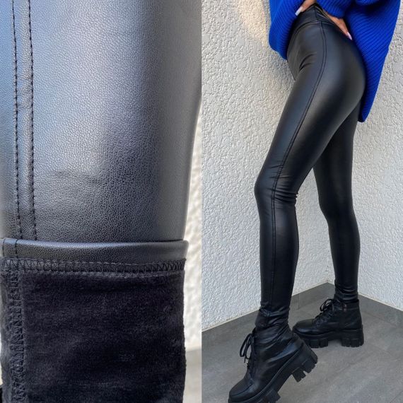 Женские теплые лосины экокожа на велюровом меху OB183/047 цвет черный, размер 48 | Зображення 3