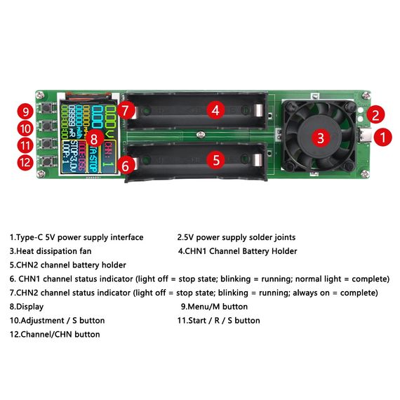 Тестер измеритель емкости мощности аккумуляторов 18650 XH-M239 li-ion с USB Type-C цифровой 2 канала | Зображення 2