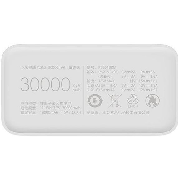 Зовнішній акумулятор (павербанк) Xiaomi Mi 3 30000mAh Quick Charge White | Зображення 3