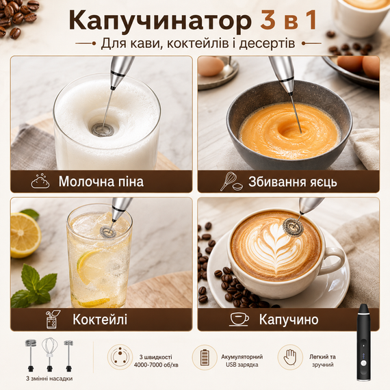 Портативний капучинатор Milk Frother 3 в 1 з 3 швидкостями та змінними насадками, акумуляторний спінювач молока 1200 мА·год USB, | Зображення 1