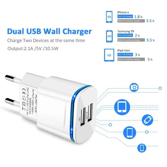 USB зарядний пристрій для телефонів і планшетів на 2 роз'єми LUOATIP, 3-Pack Travel Charger 2.1A/5V | Зображення 3
