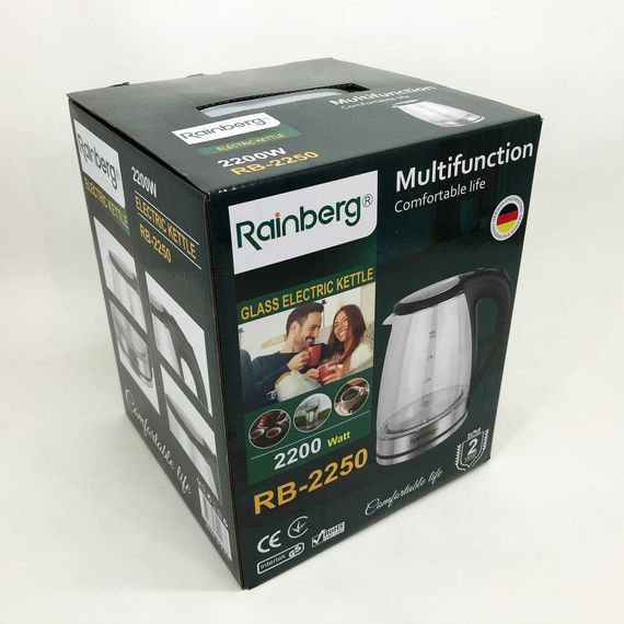Електричний скляний чайник Rainberg RB-2250 з LED підсвічуванням 2200 Вт 1.8л, хороший електро чайник LV-33 | Зображення 3