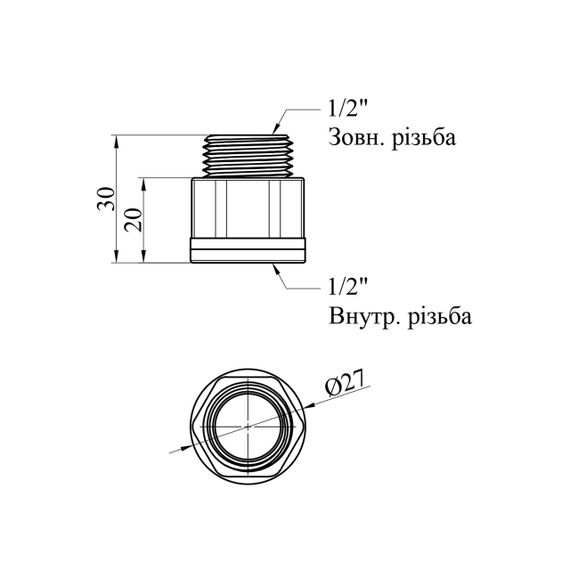 Удлинитель усиленный LexLine 1/2" ВЗ, L=20 мм латунный УК0601-В20 | Зображення 1
