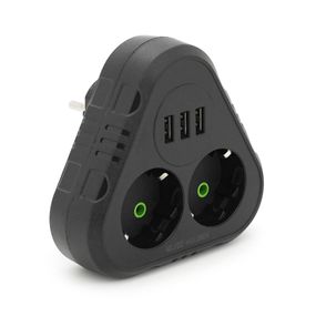 Розетка тройник с заземлением F202-Black, 2 розетки + 3USB(1А), 2500W, 10A