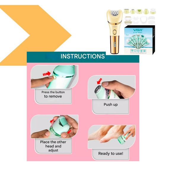 Епілятор VGR 7 в 1 V-756 Gold, 7 насадок, водонепроникний корпус класу IPX7 (46271-V-756 GOLD_733) | Зображення 1