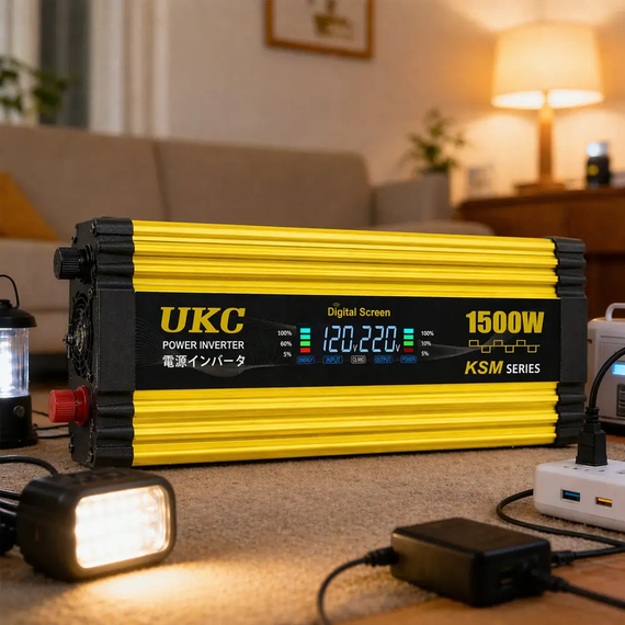 Автомобильный инвертор Желтый / Преобразователь напряжения с 12-220V, 1500Вт, 2хUSB | Зображення 2