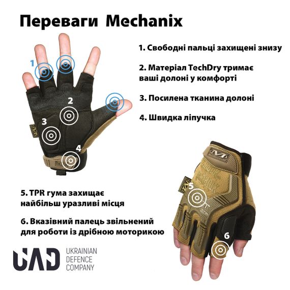 Рукавички тактичні короткопалі з захистом M-PACT Mechanix UAD Койот XL | Зображення 2