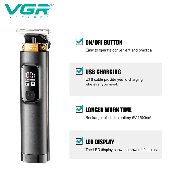 Триммер аккумуляторный VGR V-985, 4 насадки, LED дисплей | Зображення 1